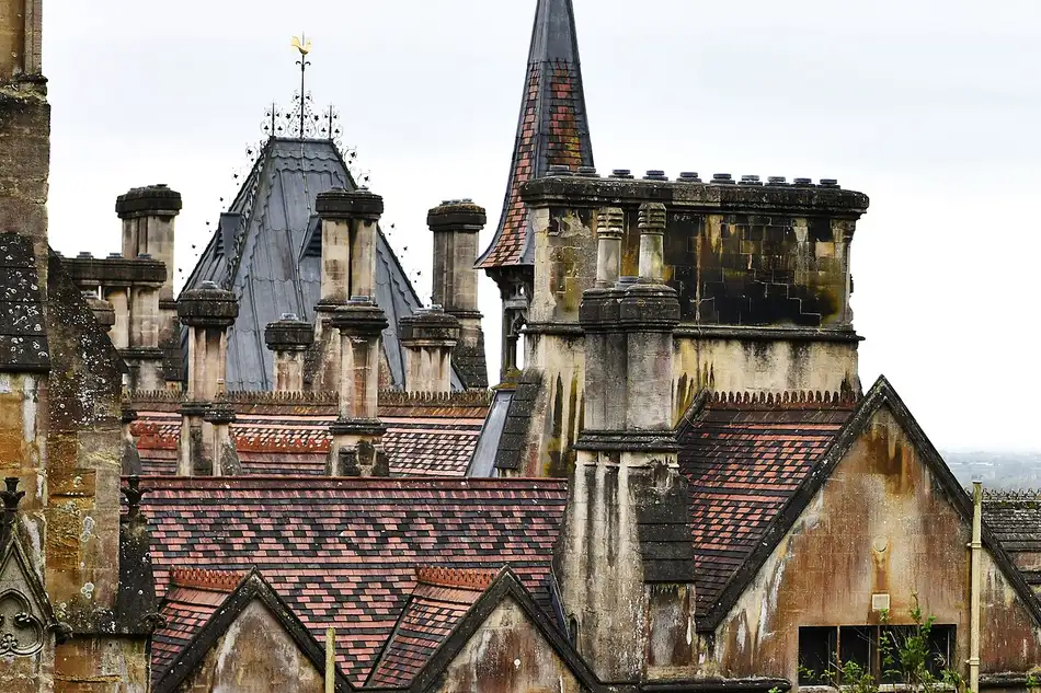 Patterned roof tiles and chimneys at Tyntesfield House near Bristol