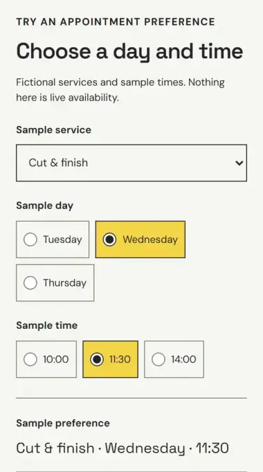 Phone screen showing a sample appointment request with a service, day and time chosen