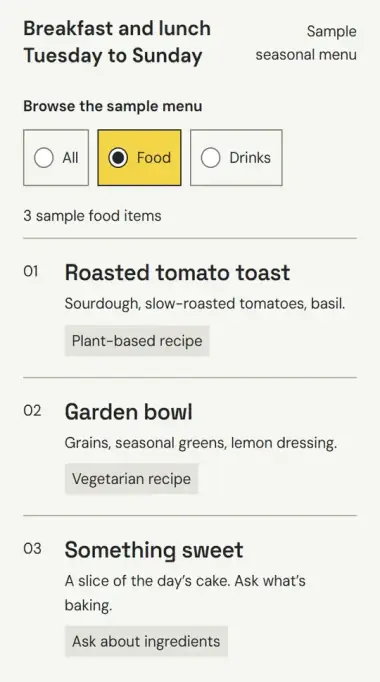 Phone screen showing a sample menu with All, Food and Drinks filters and dishes with dietary notes