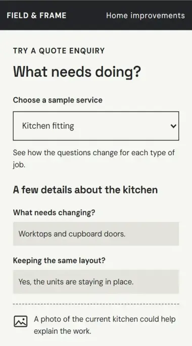 Phone screen showing a sample quote enquiry asking what needs changing in a kitchen, with a note that a photo could help