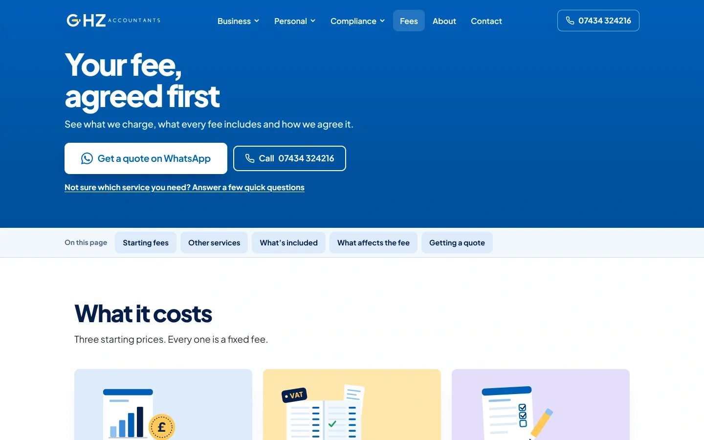 GHZ Accountants fees page with navigation, fixed-fee introduction and pricing information