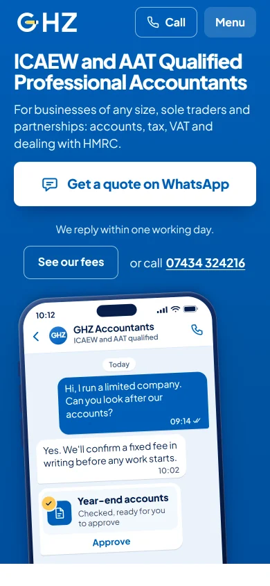 GHZ Accountants homepage adapted for a phone, with mobile navigation and enquiry button