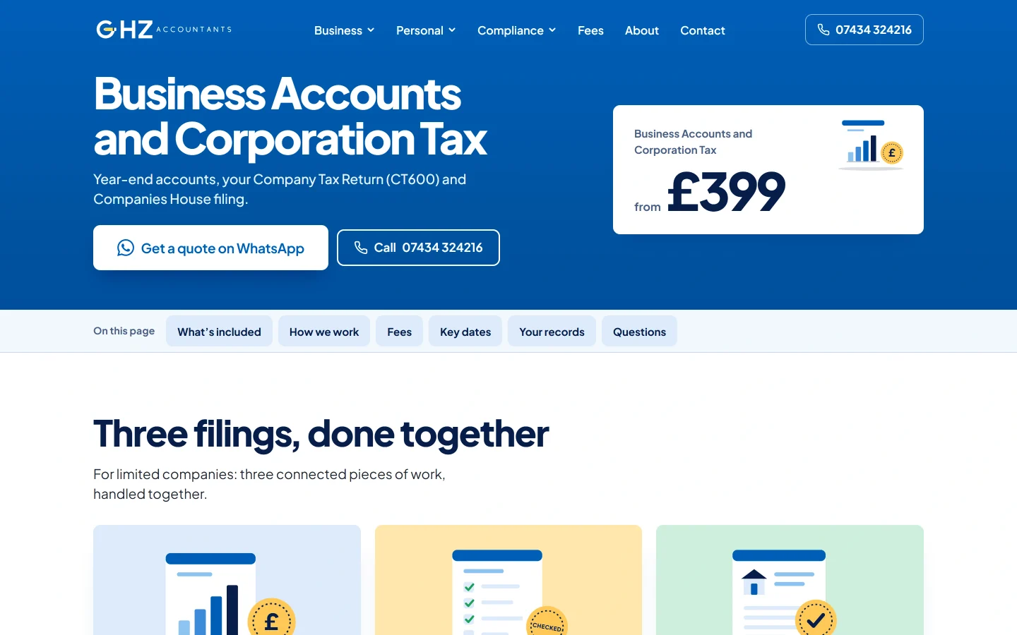 GHZ Accountants business accounts page with navigation, service introduction and enquiry route