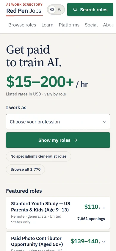 Redpen Jobs homepage adapted for a phone, with profession selector and featured roles