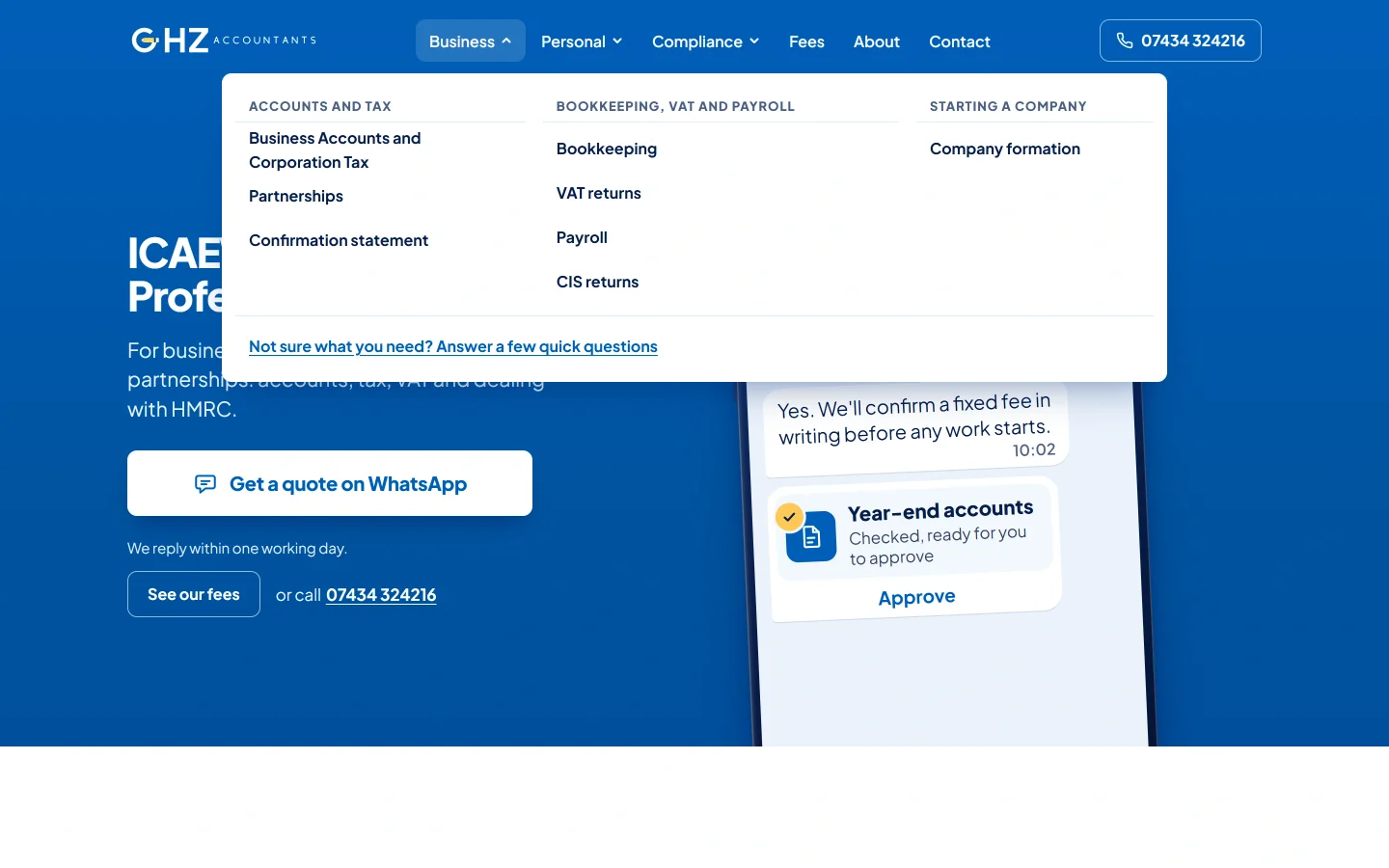 GHZ Accountants service menu showing direct service links and a service finder