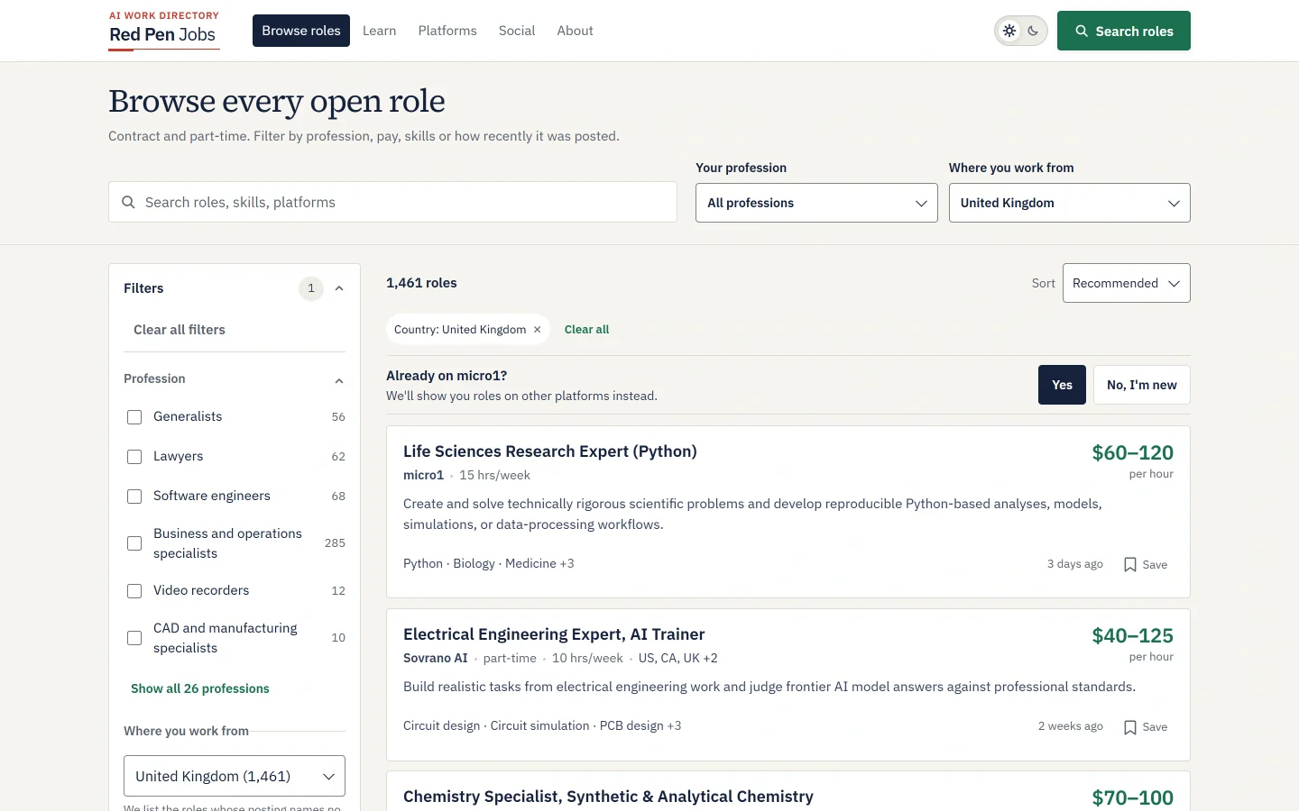 Redpen Jobs browser with profession and country filters alongside job listings
